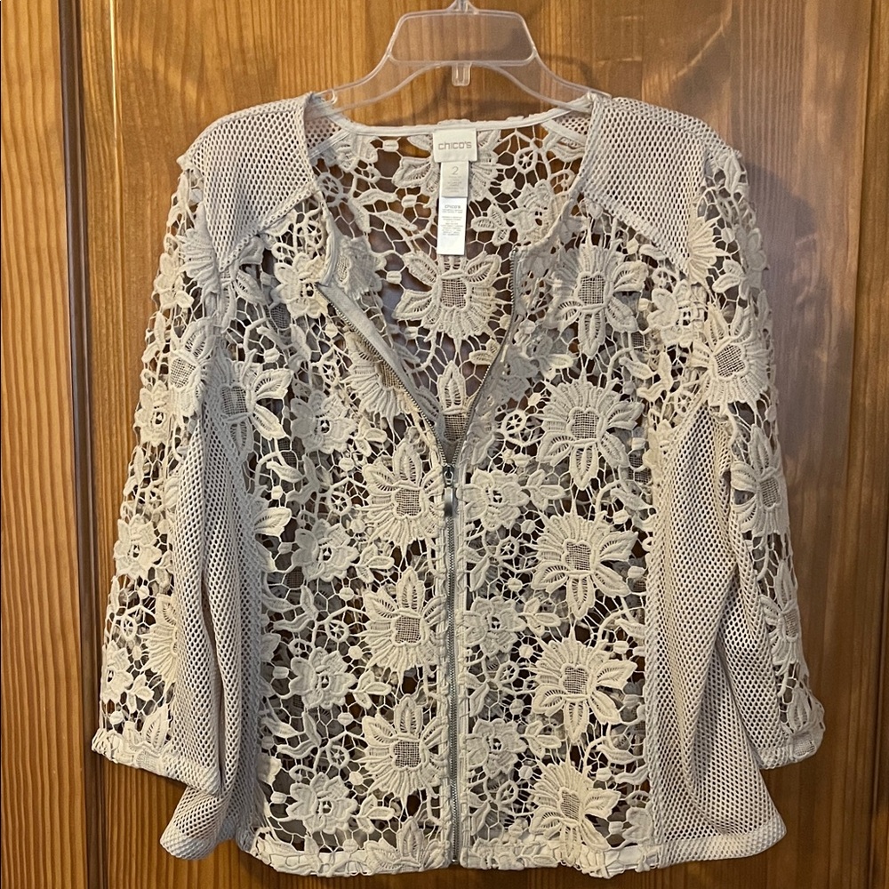 Chico's Floral Lace Zip-Up Blouse - Cream